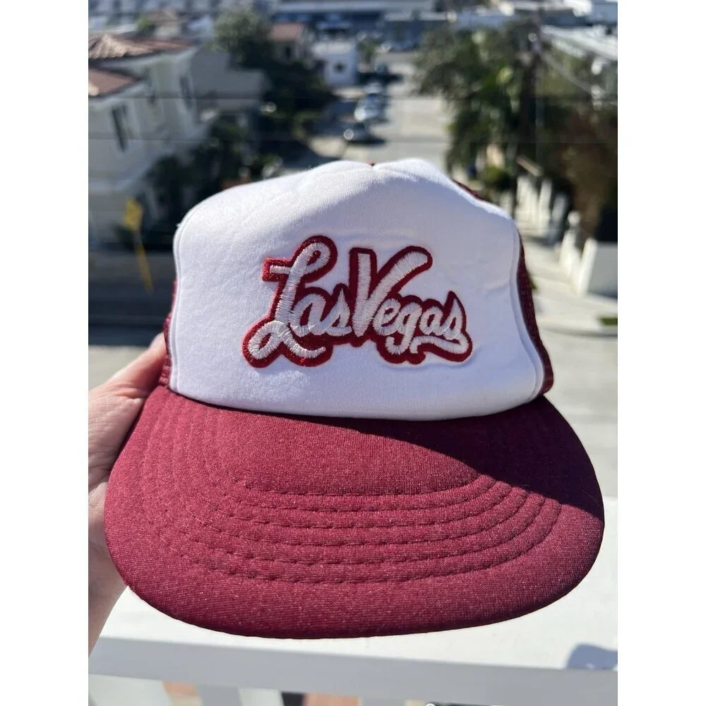 Vintage 70s Las Vegas Nevada embroidered scripted maroon mesh trucker hat